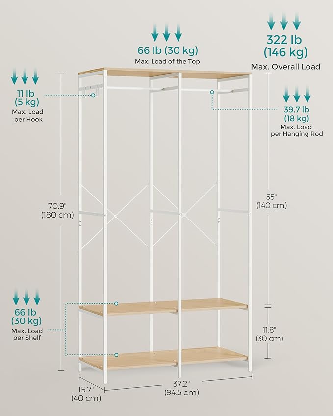 SONGMICS Clothes Rack, Iron and Wood Wardrobe Closet Organizer, Heavy Duty Garment Rack with Hanging Rods, Closet Shelves, Removable Hooks, 15.7 x 37.2 x 70.9 Inches, Natural Beige URGR004W67
