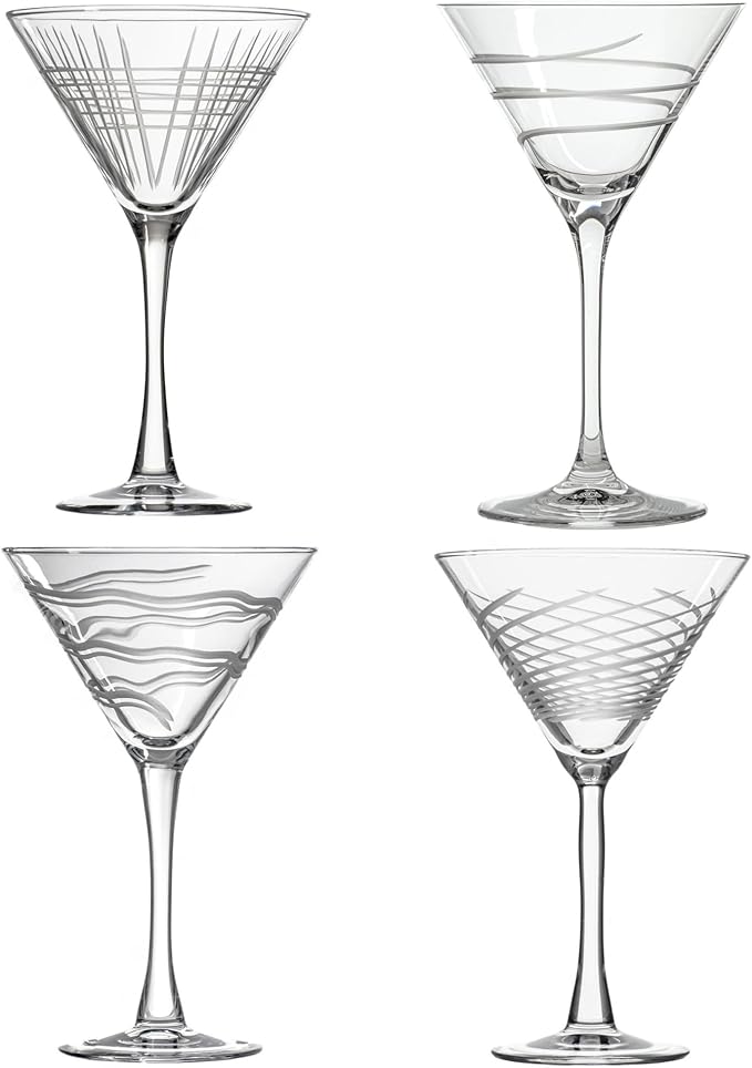 Rolf Glass Symmetry Martini Cocktail Glass | 10oz Martini Glasses | Lead-Free and Diamond-Wheel Engraved | Mixed Contemporary Designs | Made in the USA | Set of 4