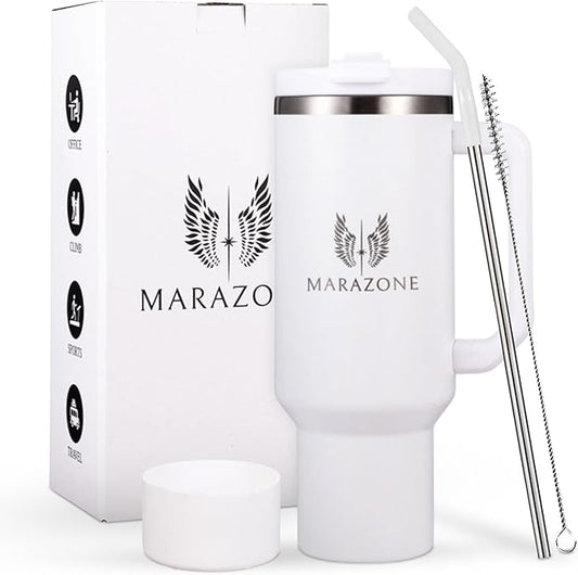 40 oz Tumbler with Straw and Leakproof Lid for Hot and Cold Drinks - Stainless Steel Travel Mug Fits Cup Holder, Reusable Water Bottle with accessories, Gift for Women and Men - Pure white