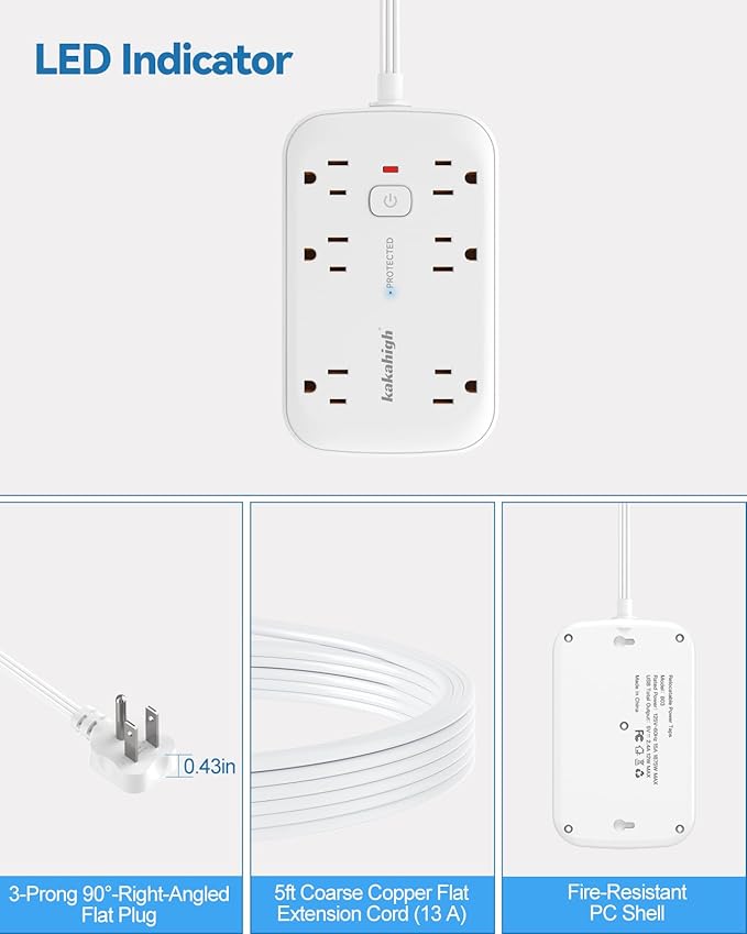 Extension Cord with Outlet Cover & Multi USB- 5 FT, Ultra Thin Outlet Concealer with Cord & 12AC Outlet 6 USB (24W/4.8A), Charging Station for Multiple Devices, for Behind Wall Furniture Couch Sofa TV