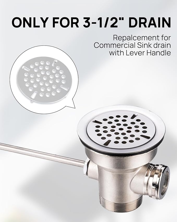 (3 Pack)3-1/2" Commercial Sink Drain Strainer Replacement, Waste Drain Cover Screen, Flat Strainer Only for Commercial Sink Drain with Lever Handle, Stainless Steel (NOT Universal)