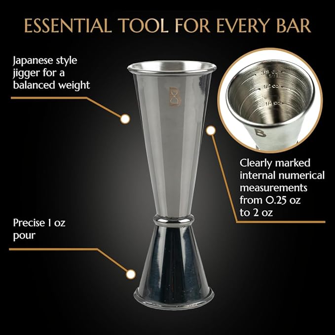 Double Japanese Jigger by Bull In China - 0.25oz to 2oz Measures for Cocktails, Bars & Bartenders (Gunmetal Black)