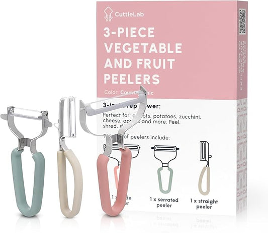 Vegetable Peeler Set – Serrated, Straight & Wide Blades- great apple peeler & potato peelers, Carrots, Zucchini, Cucumbers – Soft Grip Handle- Eye Remover – Dishwasher Safe (3, Country Chic)