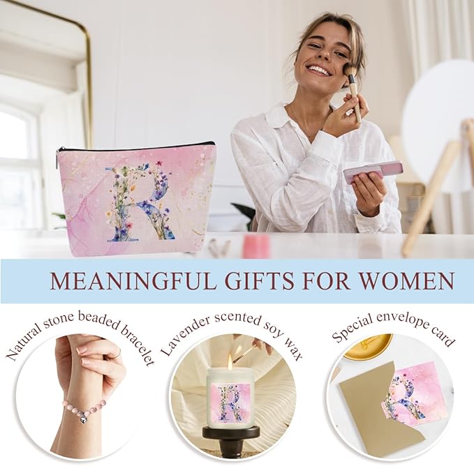 Personalized Gifts Monogrammed Birthday Gifts for Women, Mommy, Female Going Away Farewell Christmas, Initial Wine Tumbler Makeup Bag Scented Candle Bracelet Set, (Aesthetic Pink Flower R)