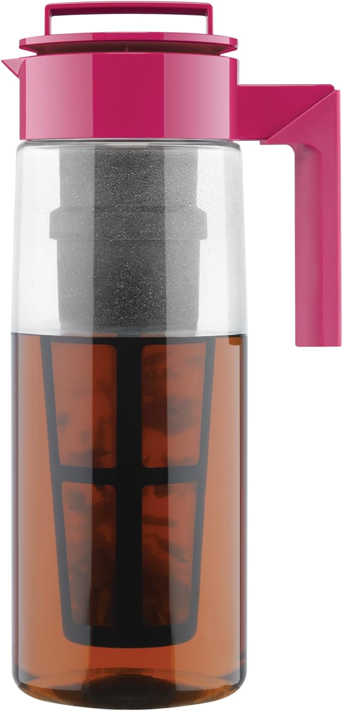 Takeya Flash Chill Iced Tea Maker - Airtight & Durable Iced Tea Maker Jug with Silicone Carry Handle - Leak-Proof & Lightweight Tea Infuser with Patented Flash Chill Technology - 2 Quart, Raspberry