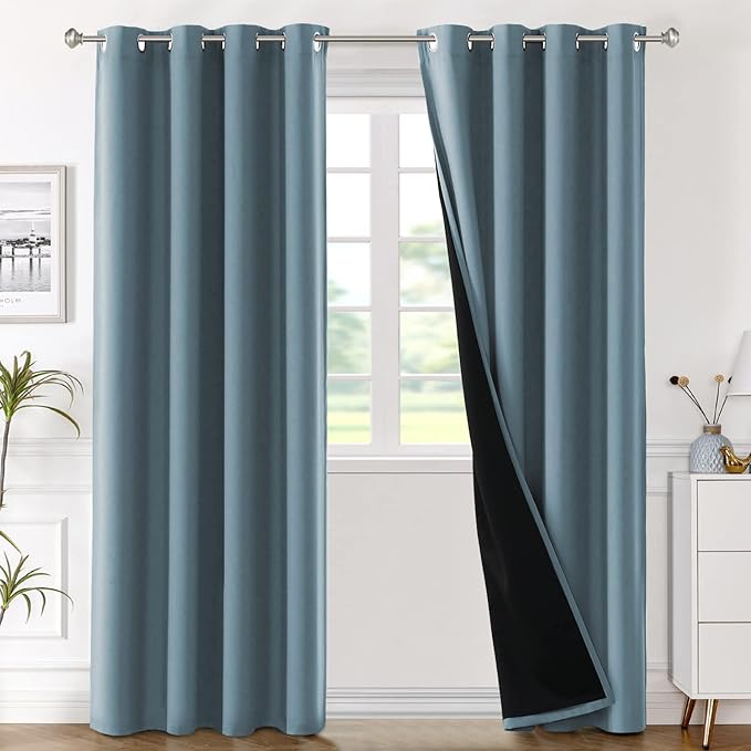 H.VERSAILTEX Living Room Completely Shaded Draperies, Privacy Protection & Noise Reducing Ring Top Drapes, Black Lined Insulated Window Treatment Curtain Panels (2 Pieces, W52 x L84, Stone Blue)