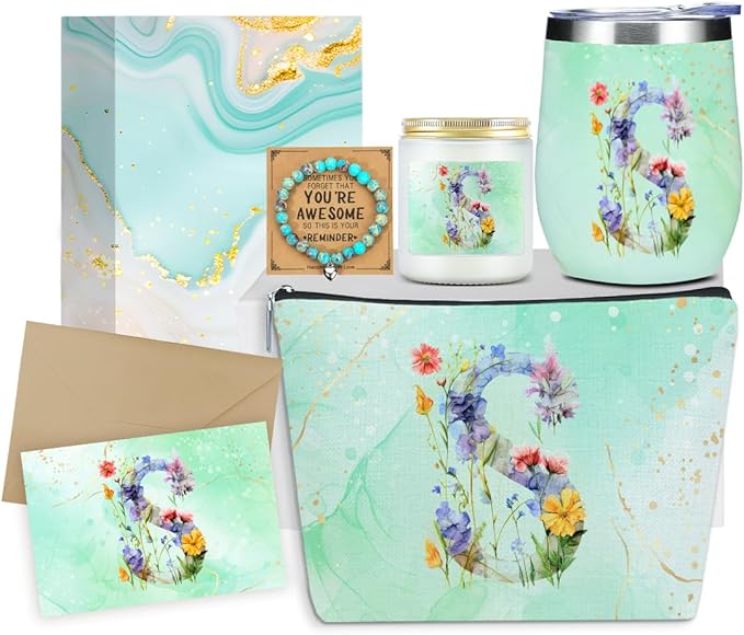 Personalized Gifts Monogrammed Birthday Gifts for Women, New Mom, Grandma Valentine's Day Thank You Christmas, Initial Wine Tumbler Makeup Bag Scented Candle Bracelet Set, (Aesthetic Green Flower S)
