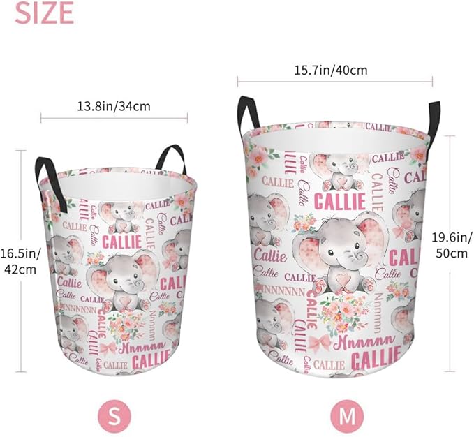 callie Personalized Elephant Laundry Basket for Kids Baby, Waterproof Collapsible Laundry Hamper, Clothes Toys Storage Bin for Bedroom Nursery (13.8" x 16.5", 15.7" x 19.6")