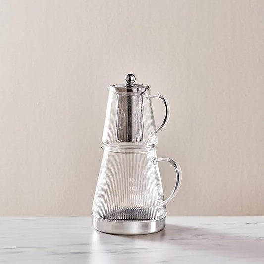 Karaca Keops Turkish Teapot with Infuser and Lid (450 ml Tea Pot & 1500 ml Induction Kettle) - Borosilicate Glass Teapot Set for Stovetops - Clear Tea Maker with 10-15 Cups Capacity