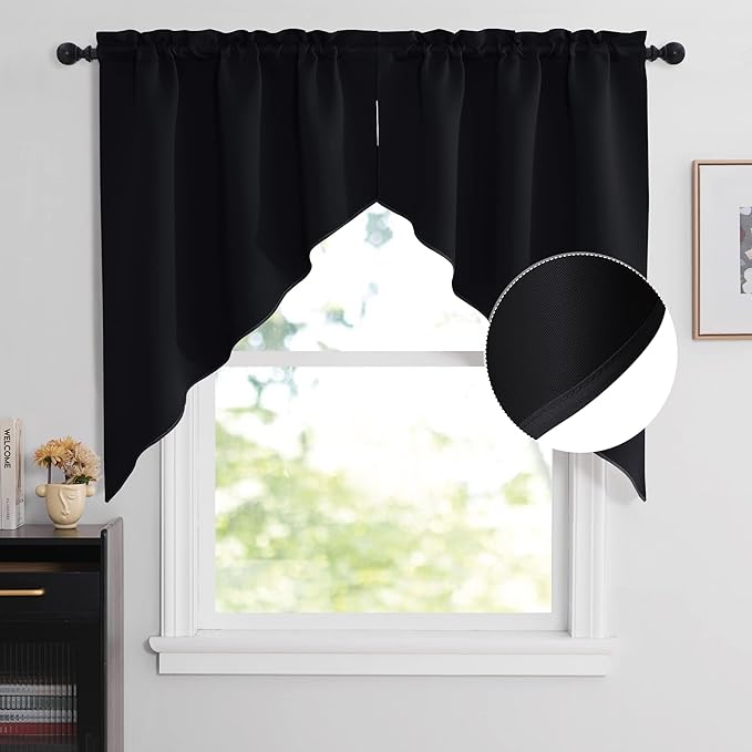 NICETOWN Kitchen Window Swag Valances, Farmhouse Style Short Blackout Window Treatment Tiers for Living Room Small Window Curtains for Bathroom/Office, 36" Wide x 45" Long Each Panel, 1 Pair, Black