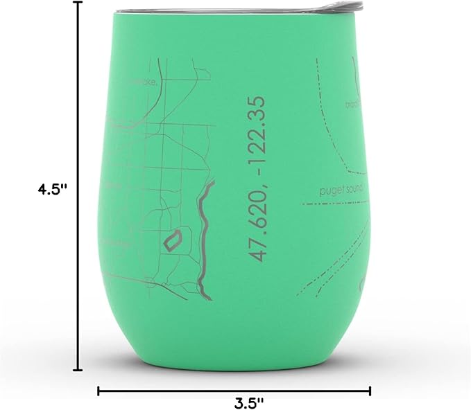 Well Told Engraved Seattle Washington Map Insulated Wine Tumbler, Etched Stainless Steel Cup (12 oz, Sunday Green) City Map Insulated Tumbler, Custom Insulated Tumbler, Outdoor Drinkware