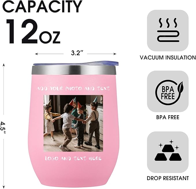 48 Pack Personalized Wine Tumbler,12oz Custom Stainless Steel Coffee Mug,Tumblers with Lids,Customizable with Picture and Names Engraving,Suitable for Woman,Men,Families and Travel