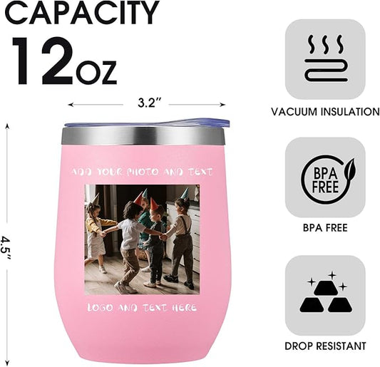 48 Pack Personalized Wine Tumbler,12oz Custom Stainless Steel Coffee Mug,Tumblers with Lids,Customizable with Picture and Names Engraving,Suitable for Woman,Men,Families and Travel