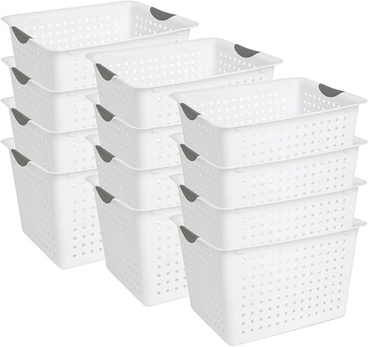 Sterilite 12-Pack Deep Ultra Basket, Open Top Plastic Storage Organizer, White - Classic Baskets for Organizing Countertops, Pantry Shelves, Kitchen Cabinets, Laundry Rooms or Home Offices