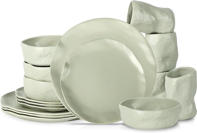 Stone by Mercer Project Atik Modern Stoneware 16-Piece Dinnerware Set, Plate and Bowl Set, Dish set for 4, Sage-Grey