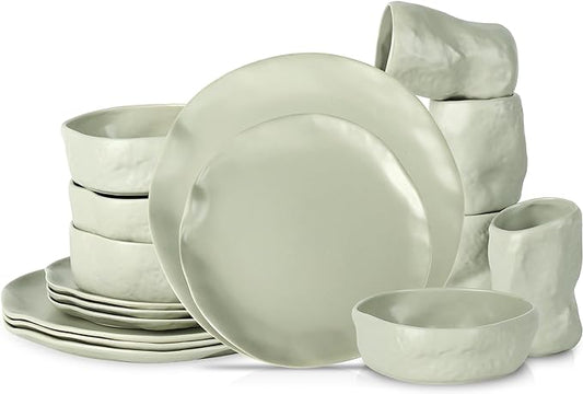 Stone by Mercer Project Atik Modern Stoneware 16-Piece Dinnerware Set, Plate and Bowl Set, Dish set for 4, Sage-Grey