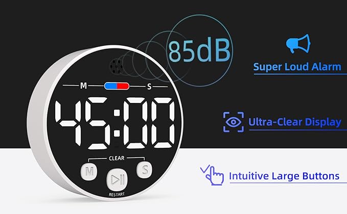 Large LED Digital Timer, Magnetic Countdown Loud Timer for Kitchen Cooking, Classroom Whiteboard, Kids, Toddler, Game, Productivity, Focus, Work, Task, Office, Meeting – Small, Simple, Visual, White