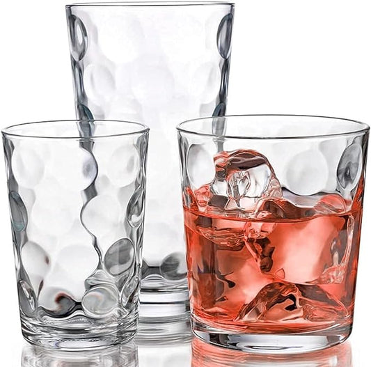 Home Essentials & Beyond Glassware Set 18 Piece Mixed Drinkware Set. 6 Highball Tumblers-17 oz., 6 Rock Whiskey-13 oz., and 6 Juice-7 oz. All Size Glass Cups Drinking Glasses. (Design on Inner Glass)