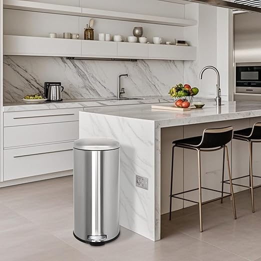 8 Gallon Trash Can, Stainless Steel Garbage can with Removal Liner, Pedal Trash Can with Soft Close lid, Round Trash Bin for Kitchen, Office, Dorm or Bathroom, 30 Liters, Silver