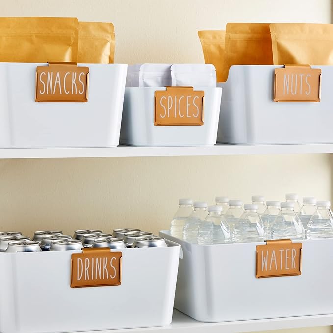 Talented Kitchen Labels for Storage Bins & Holders - 8-Pack Bronze Metal Holders & 40-Piece Set, 2 x 3.5 in - Clip-On Basket & Pantry Labels for Kitchen Organization