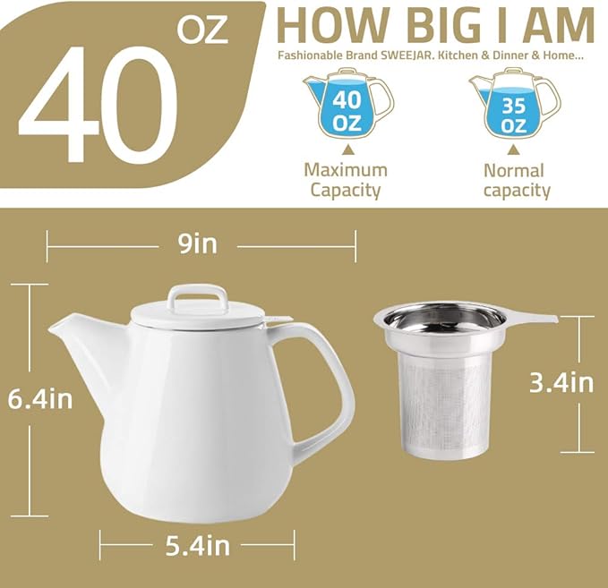 Sweejar 40oz Tea pot with Removable Stainless Steel Infuser,Dishwasher Safe Tea Pots for Loose Tea,Tea Pots with Infuser for Chrismas Women Gift(Jade)