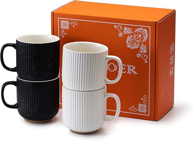Black and White Ceramic Coffee Mugs Set of 4 (12 oz) Large Ceramic Coffee Cups Set Ribbed Coffee Mugs Set, Big Mugs Set with Handle Suitable for Latte, Cappuccino, Milk, Cocoa, Tea, Juice