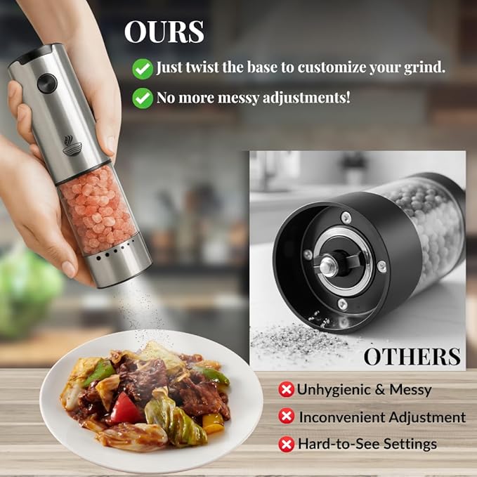 Electric Salt and Pepper Grinder Set - Automatic 3A Battery Pepper Mill Shakers - Upgraded Adjustable Coarseness with Led & Large Capacity - Built-in LED Light - 2 Pack