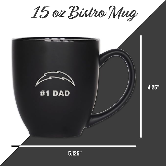 Rico Industries NFL Football #1 Dad 15oz Laser Engraved Matte Black Ceramic Bistro Mug - for Hot or Cold Drinks