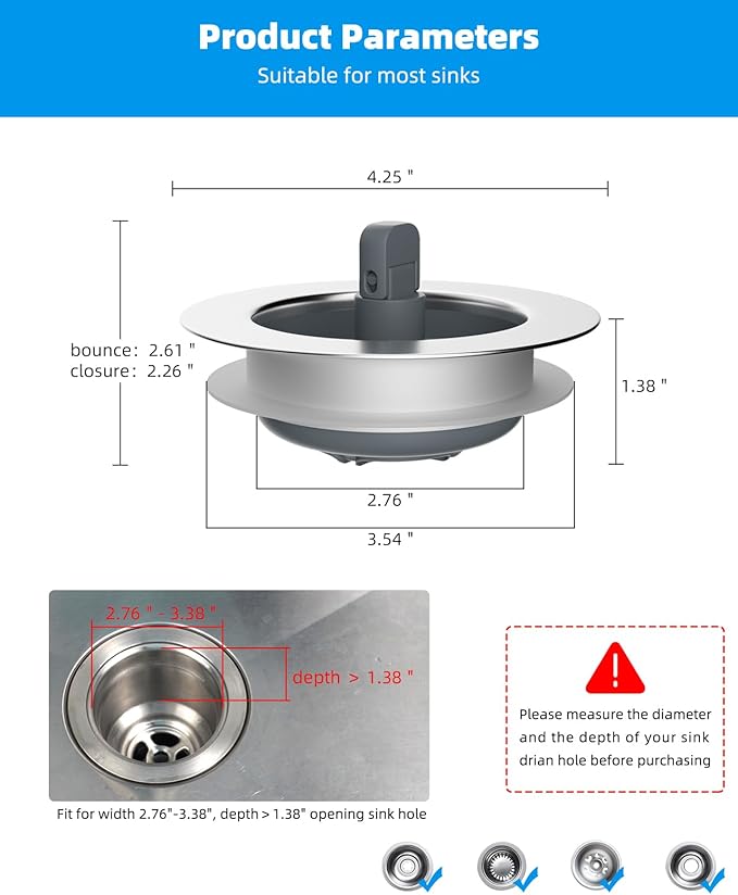 Hibbent 2 Pack 3 in 1 Kitchen Sink Drain Strainer and Stopper Combo, Chrome Stainless Steel Wraped Shell, 6 Anti-Clogging Basket Strainer with Foldable Handle for US Standard 3-1/2" Drain