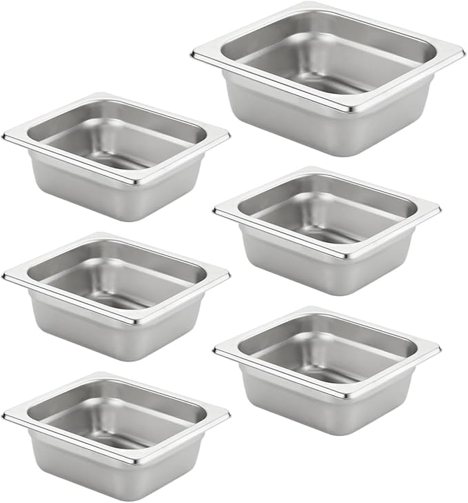 HECMAC 6 Pack Anti-Jam Hotel Pans, 1/6 Size 2 1/2 Inch Deep, Commercial Stainless Steel Chafing Steam Table Pan, Catering Storage Metal Food Pan, 23 Gauge