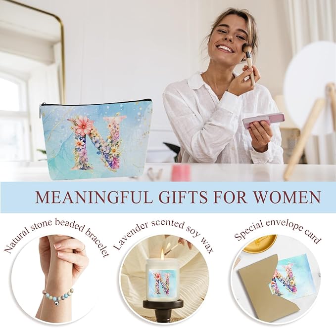 Personalized Gifts Monogrammed Birthday Gifts for Women, Colleague, Leader Mentor Female Farewell Christmas, Initial Wine Tumbler Makeup Bag Scented Candle Bracelet Set, (Aesthetic Blue Flower N)