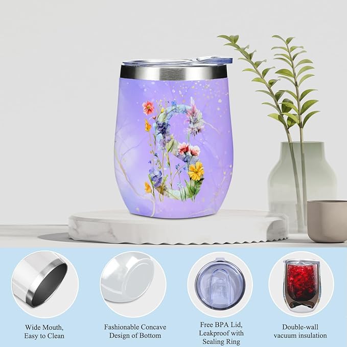 Personalized Gifts Monogrammed Birthday Gifts for Women, New Mom, Grandma Valentine's Day Thank You Christmas, Initial Wine Tumbler Makeup Bag Scented Candle Bracelet Set, (Aesthetic Purple Flower S)