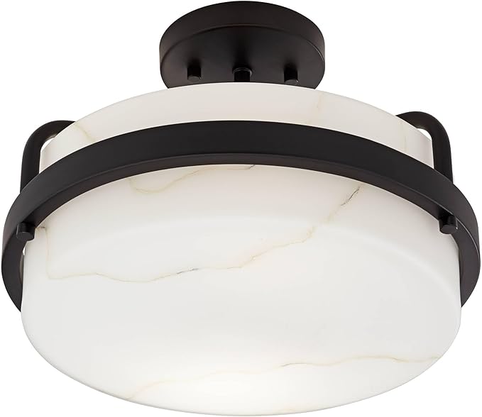 Possini Euro Design Bregman 13" Modern Semi Flush-Mount Ceiling Light Fixture Kitchen Foyer Hallway Drum Round Black Finish White Stone Glass Metal Bedroom Bathroom Entryway Living Room Indoor