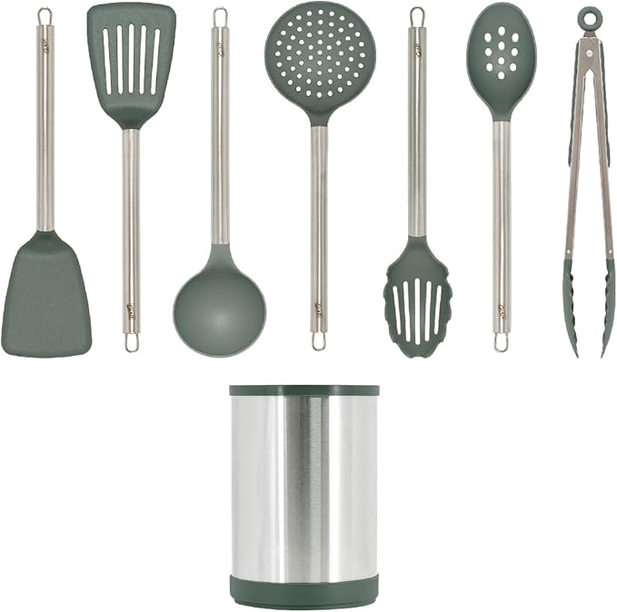 Glad Kitchen Utensils Set, 8pcs - Nonstick Cooking Tools with Stainless Steel Handles & Rotating Utensil Holder - Turners, Ladle, Spoon, Tongs, Spaghetti Server, and Skimmer - Dishwasher Safe, Green
