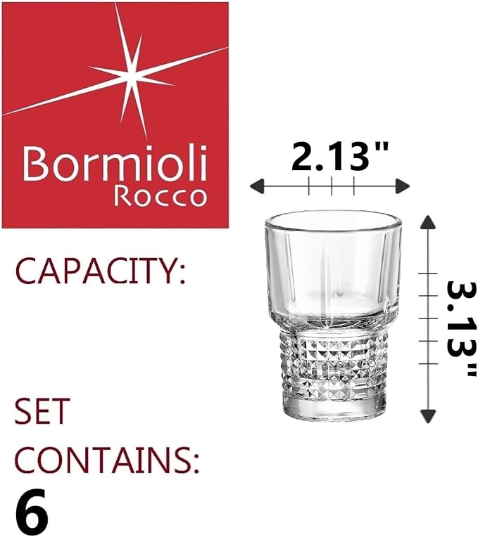 Bormioli Rocco Bartender Novecento Stackable 7-Piece Liquor Set, Includes 1 Decanter and 6 Shot Glasses for Liquor and Spirits, Clear