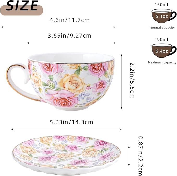 Tea Cup and Saucers, 6.4oz floral ceramic tea cups, Coffee Cappuccino Espresso Latte Mugs for Party Birthday,Christmas Gift (Pink and yellow roses)