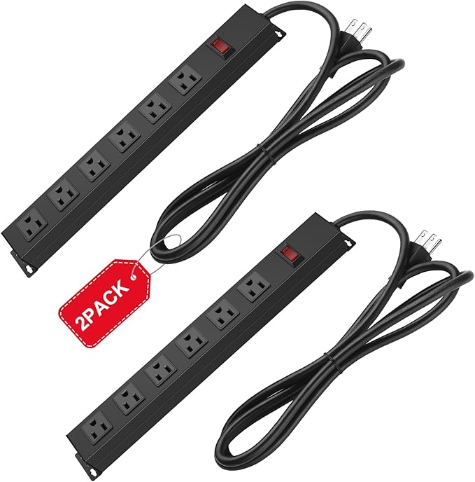 2Pack Metal Wall Mount Power Strip, Mountable Power Outlet with 6 AC Outlets, Aluminum Alloy Mount Power Socket with Switch, 10 FT SJT 3/C 14AWG Power Cord, 15A 125V 1875W (6AC)