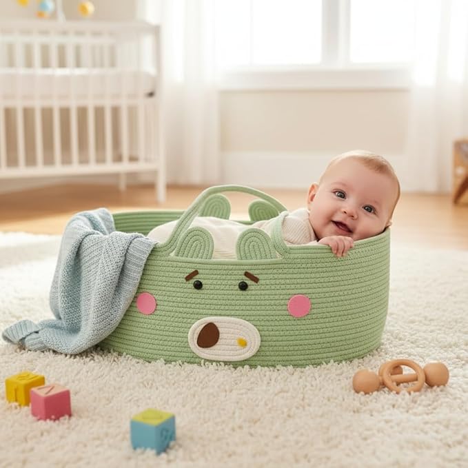 Stylish Foldable Storage Basket with Handles, Natural Woven Cotton Rope Bin for Nursery Organization, Living Room, Travel, and Pet Co-Sleeper 27.56 × 15.75in