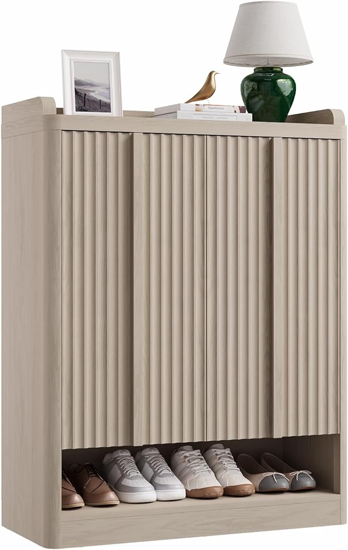 Fluted Shoe Storage Cabinet for Entryway – 45" Tall, 6-Tier Shoe Organizer with 4 Adjustable Shelves, Mid-Century Freestanding Wooden Shoe Rack for Hallway, Living Room, Closet, White Alder(1PCS)