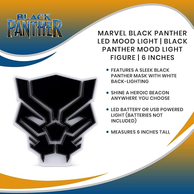 Marvel Black Panther LED Mood Light - Collectible Mask Lamp, White, 6 Inches Tall