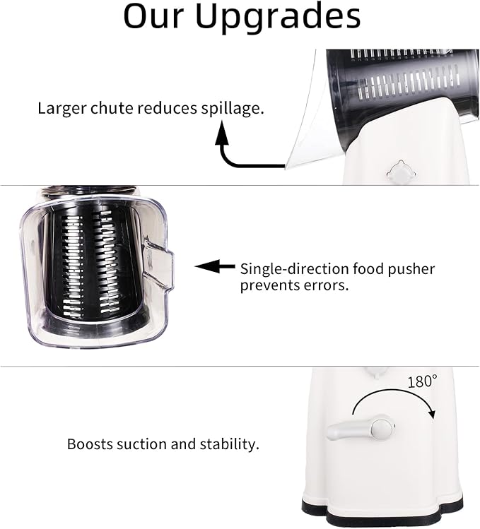 Rotary Cheese Grater Shredder - Upgraded 5 in 1 Cheese Grater with Handle and Strong Suction Base, Multi-purpose Julienne Slicer Ice Shaver Nuts Grinder for Ice, Vegetables, Fruit, Nuts