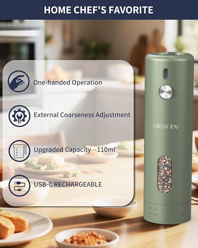 CIRCLE JOY Rechargeable Electric Salt and Pepper Grinder Set with Base, Automatic Pepper Mills with 110ml Container, External Adjustable Coarseness, White Led Light and One-Handed Operation, Green