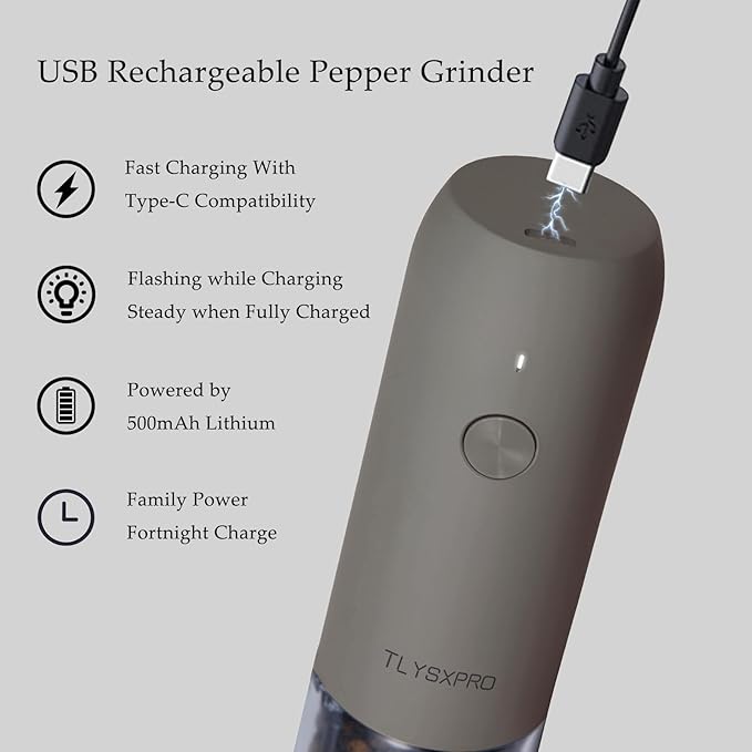 Electric Salt and Pepper Grinder - USB Rechargeable, Automatic Salt and Pepper Shaker, Adjustable Coarseness, Electric Pepper Mill, LED Light, Refillable, Kitchen Gadget (1-Pack, Buttercream)
