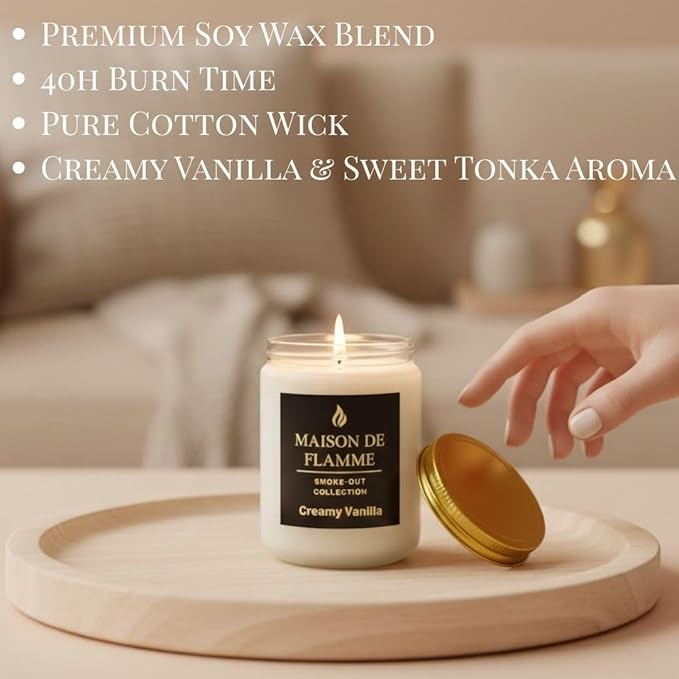 Creamy Vanilla Odor-Eliminating Scented Candle, 200g/7oz White Jar – Long-Lasting Soy Wax Blend Candle for Smoke, Kitchen & Home Odors