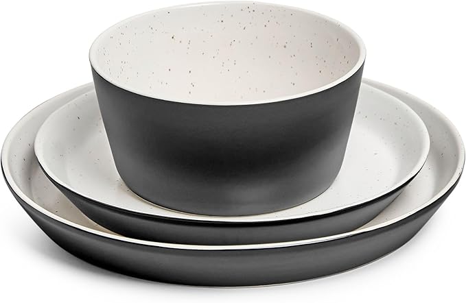Sango 12-Piece Stoneware Dinnerware Set for 4, Modern White & Black Plates and Bowls Sets with Speckled Glaze, Durable Kitchen Ceramic Dish Set, Microwave & Dishwasher Safe Everyday Dishes, Stockholm
