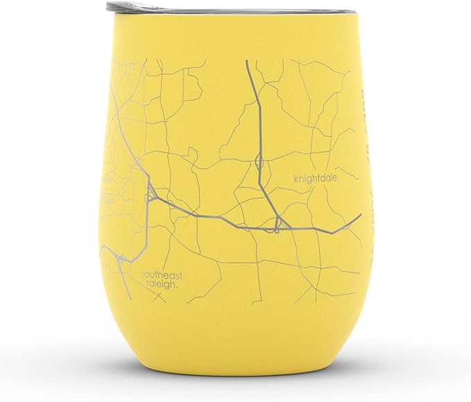 Well Told Engraved Raleigh North Carolina Map Insulated Wine Tumbler, Etched Stainless Steel Cup (12 oz, Sunrise Yellow) City Map Insulated Tumbler, Custom Insulated Tumbler, Outdoor Drinkware