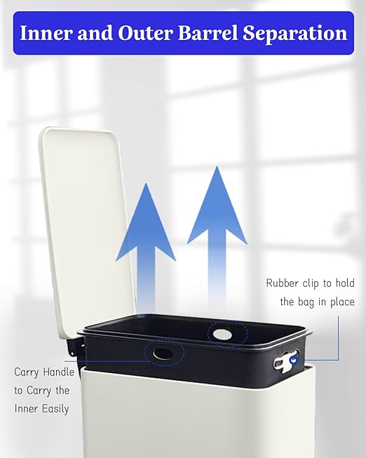 Bathroom Trash Can, 10L/2.6 Gallon Trash Can with Lid, Stainless Steel Garbage Can with Removable Liner Bucket, Soft Close Lid, Rectangle Trash Bin for Office, Kitchen, Bedroom, White