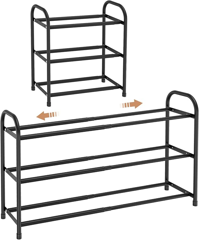 Expandable Shoe Rack for Closet, 18"-32" Metal Shoe Rack for Entryway 3-Tier Adjustable Width Free Standing Shoe Shelf 12 Pairs Small Shoe Organizer for Front Door Garage Bedroom Dorm, Black
