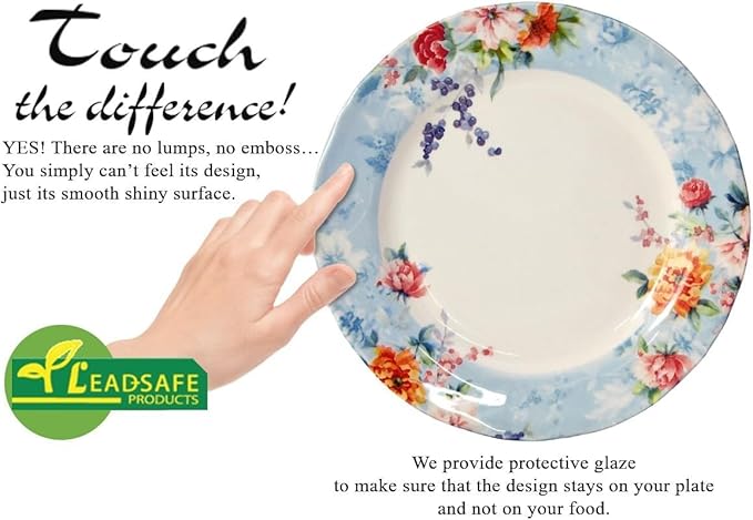TUDOR ROYAL 12-Piece Porcelain Round Dinnerware Set, Service for 4, DIANA ROSE BEIGE Design, Blue Floral, Plates Bowls Dishes, Premium Quality Tableware, Unique Pattern, Glossy