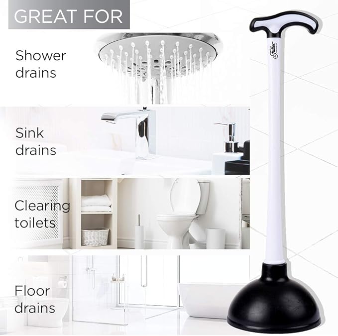 Fuller Brush Toilet Bowl Plunger – Heavy Duty Rubberized Pistol Grip Handle – 15-Inch Tapered Plastic Handle, 5-5/8 Inch Plunger Head – Unclogs Toilet, Sink, Shower, Floor Drains (Pack of 1)